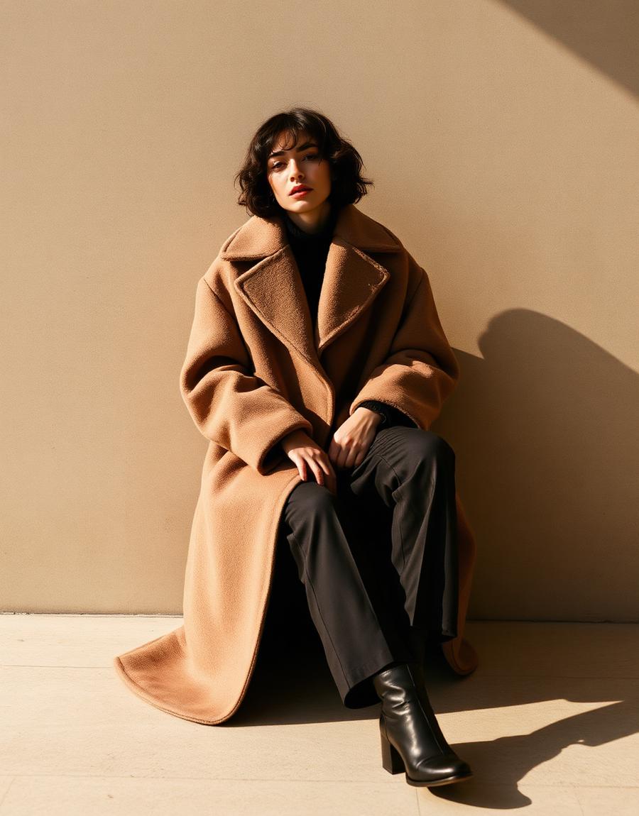 Client styled in an oversized taupe wool coat with tailored trousers