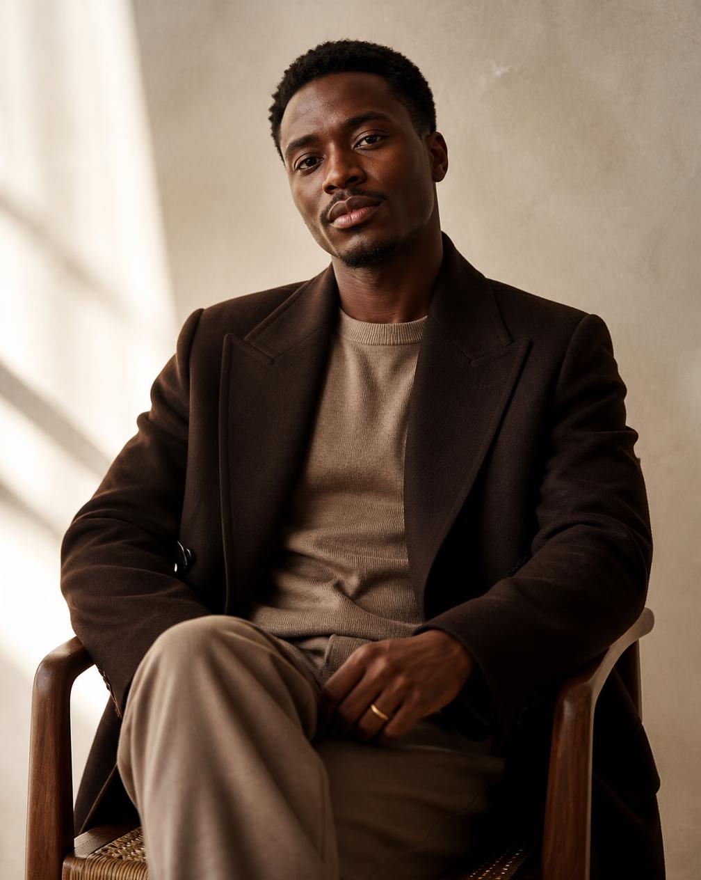 Portrait of Arwasa, personal stylist, wearing a taupe knit and espresso overcoat